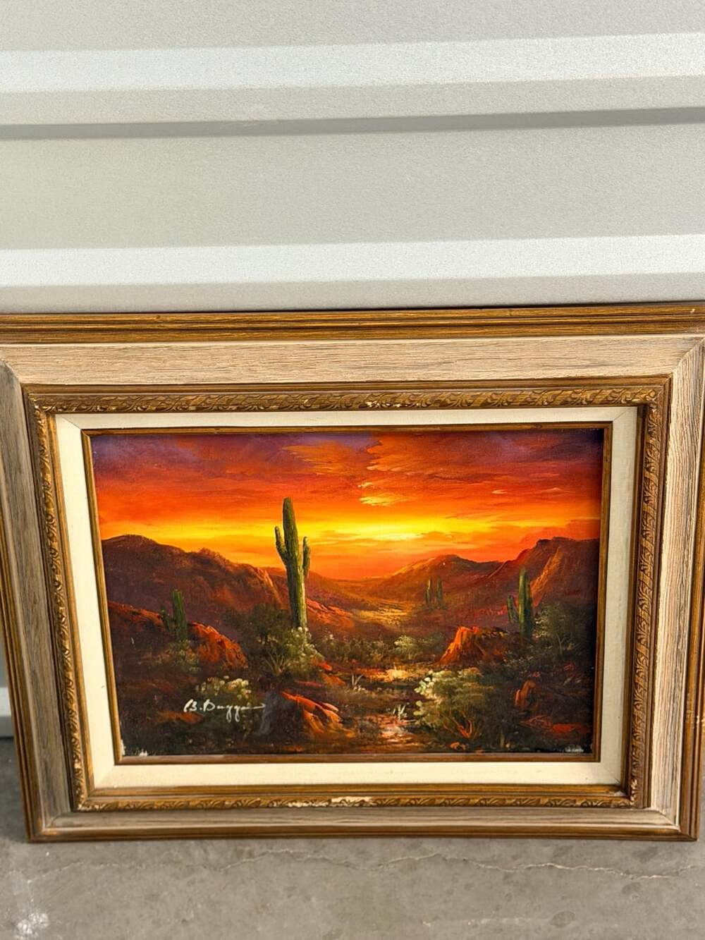 Vintage B. Duggan Original Oil on Canvas Desert Landscape Sunset Cactus Painting